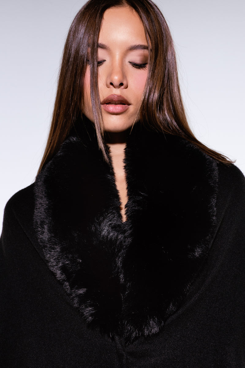 The Fur Shawl, black wool shawl with faux fur collar