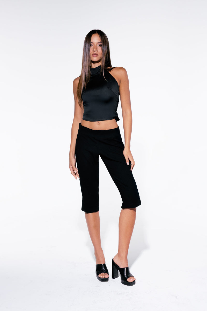 The Black Tailored Capris, matte black satin calf length trousers