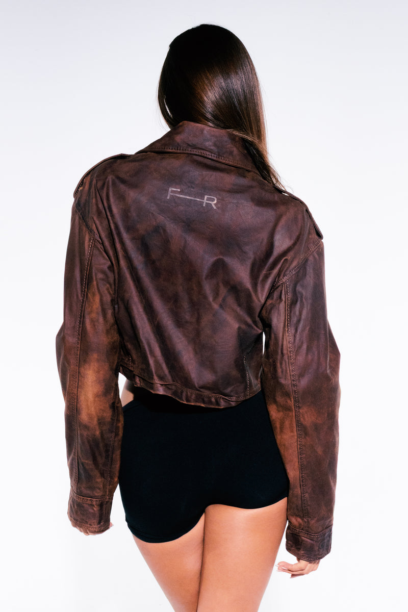 The Brown Biker, cropped distressed brown leather jacket