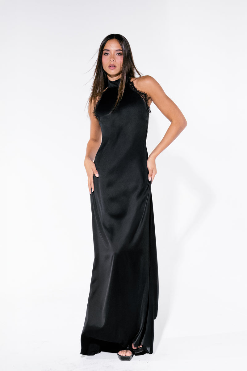 The Hannah Dress, black satin halter gown with lace sides
