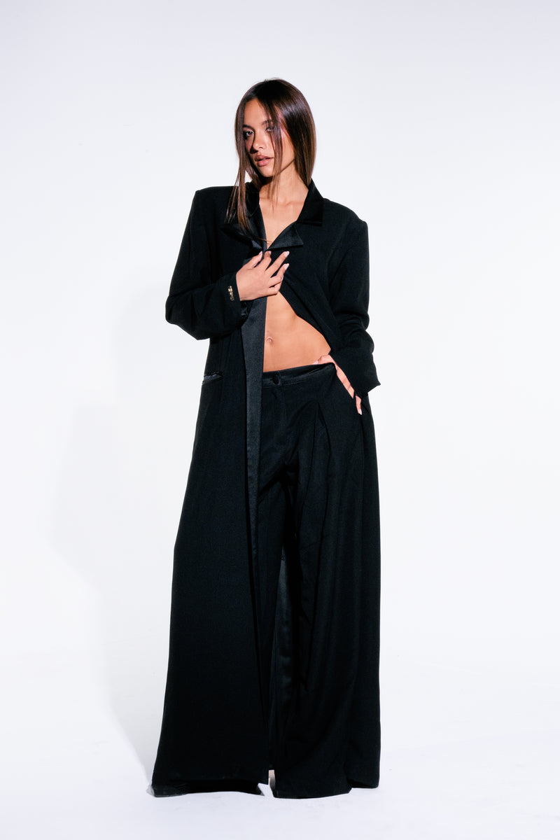 The Black Coat, long black wool coat with satin lapels