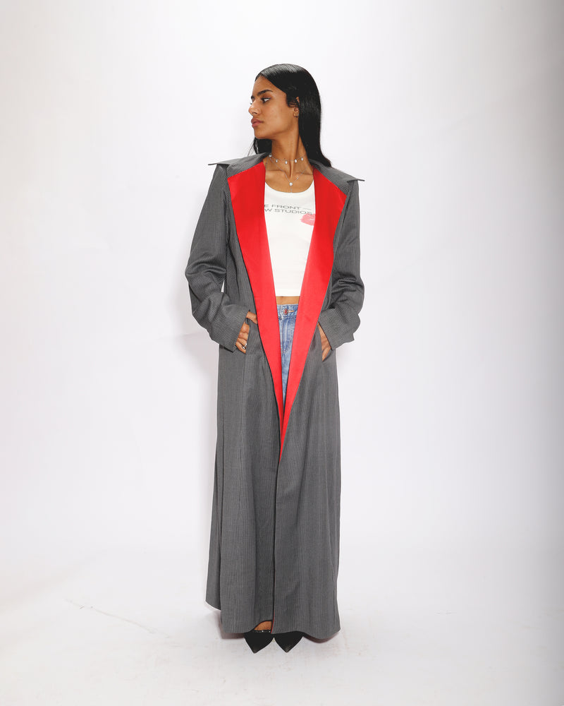 The Cherry Coat, grey striped coat with red satin lining