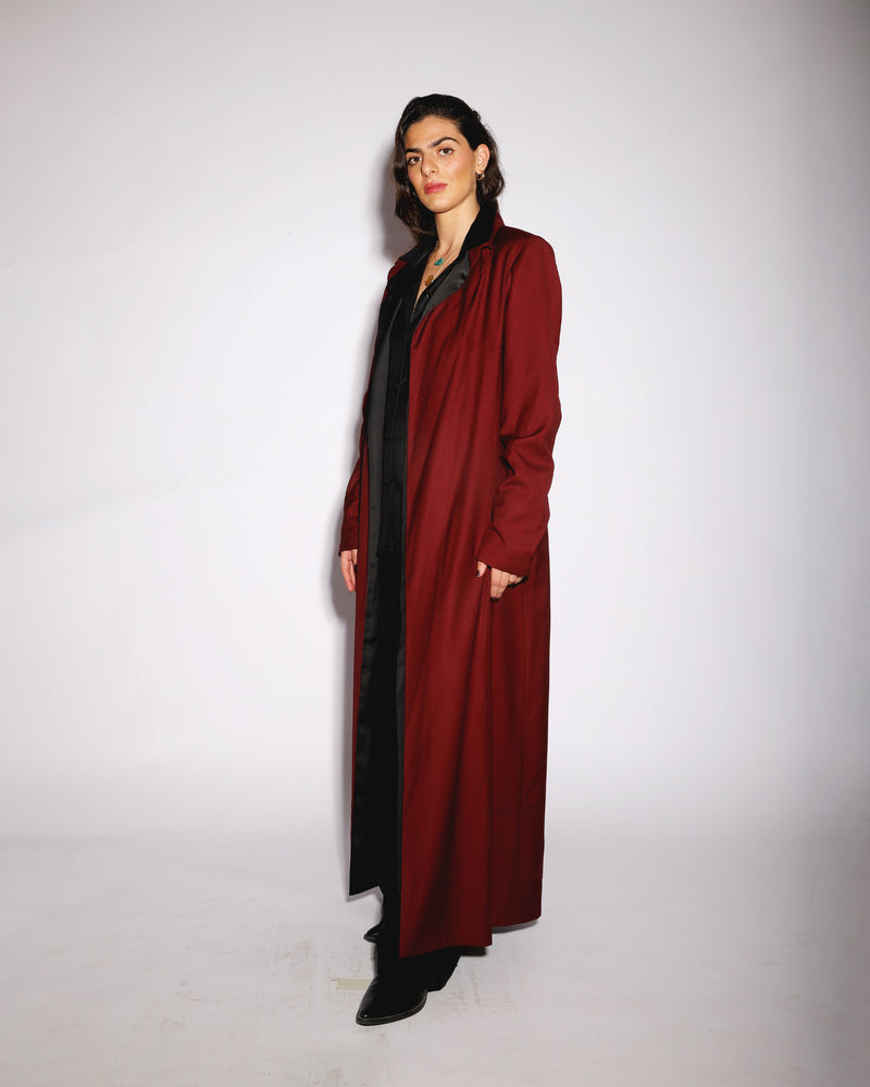 The Crimson Coat, floor length burgundy coat