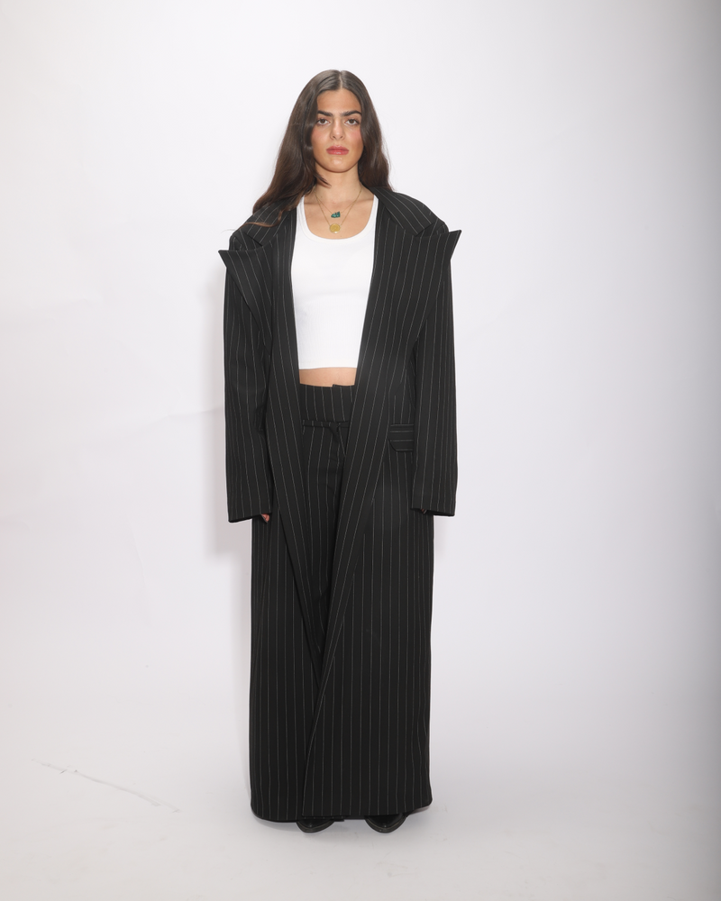 The Black Striped Coat, floor length black striped coat