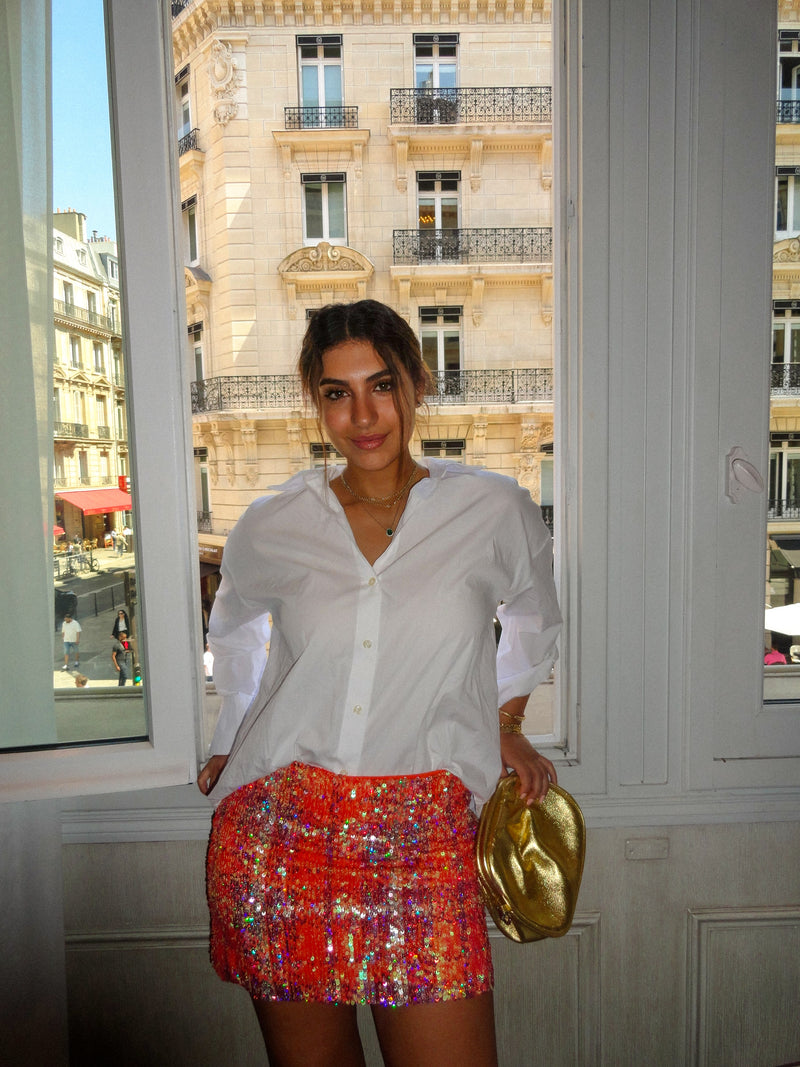 The Orange Sequin Skirt, orange sequinned mini skirt