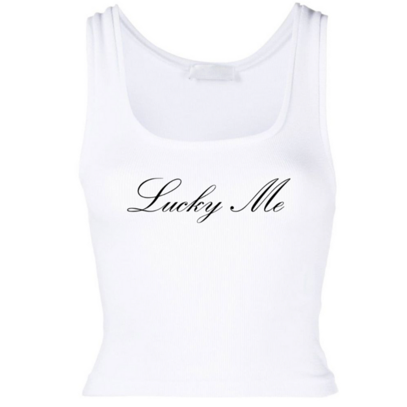 The Lucky Me Tank, white ribbed tank with cursive lettering