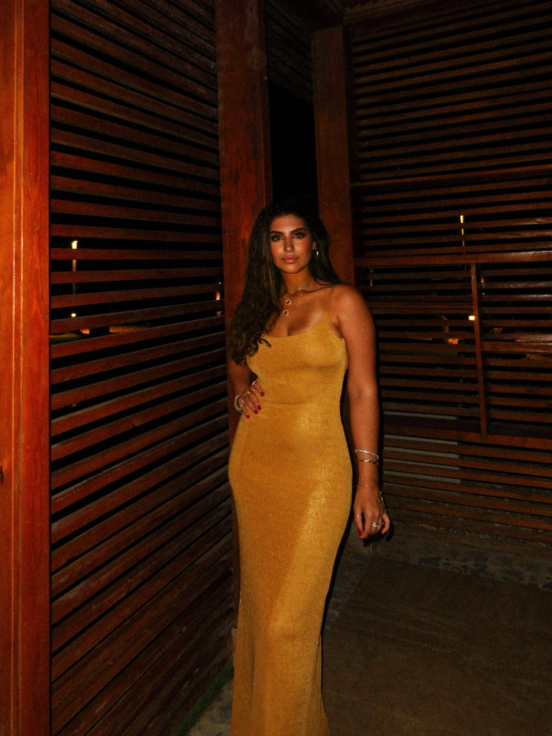 The Maddalena Dress, fitted gold backless dress